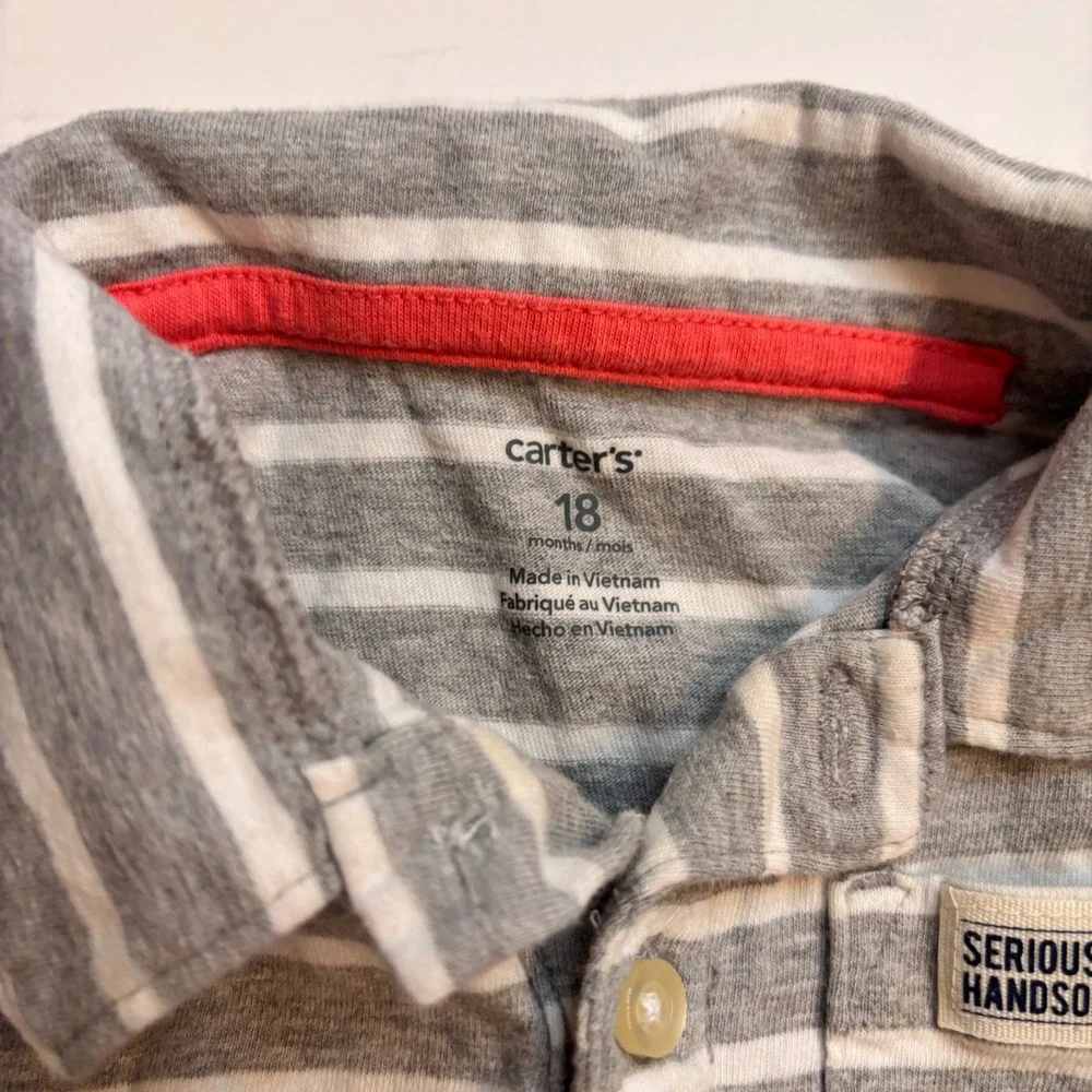 Carters Gray White Stripe Short Sleeve Polo Shirt 18 Months Seriously Handsome‎